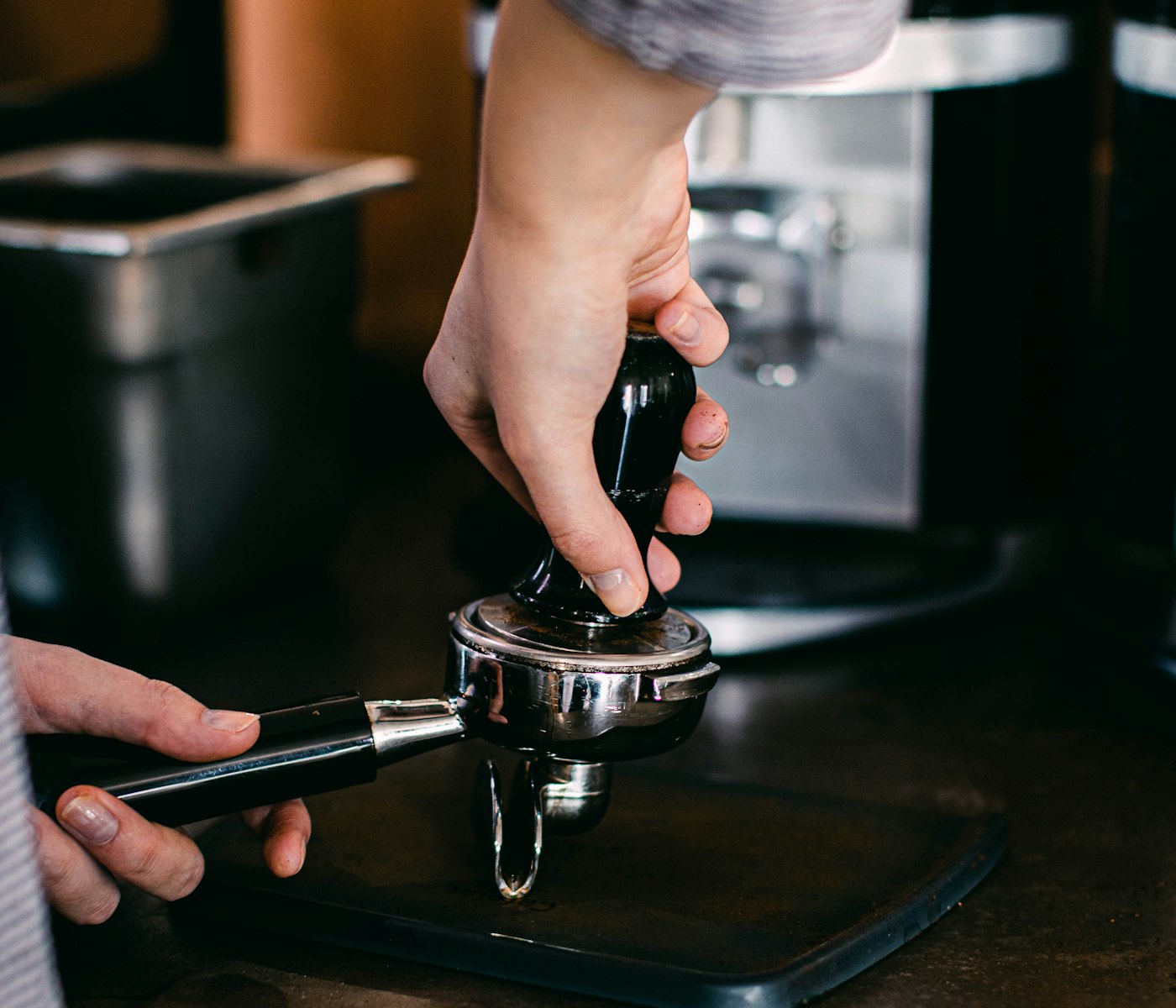 Barista qui tasse le café dans un porte-filtre
